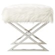 Posh Colin Faux Fur Fabric Ottoman with Stainless Steel X-Legs in White/Chrome