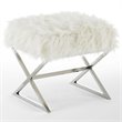 Posh Colin Faux Fur Fabric Ottoman with Stainless Steel X-Legs in White/Chrome