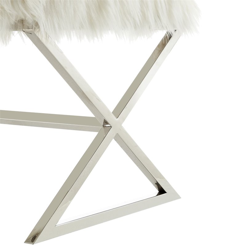 Posh Colin Faux Fur Fabric Ottoman with Stainless Steel X-Legs in White/Chrome