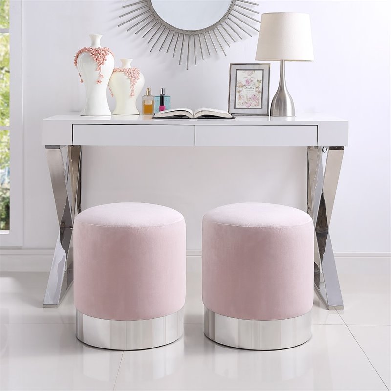Posh Living Jason Velvet Round Ottoman with Metal Base in Blush Pink/Chrome