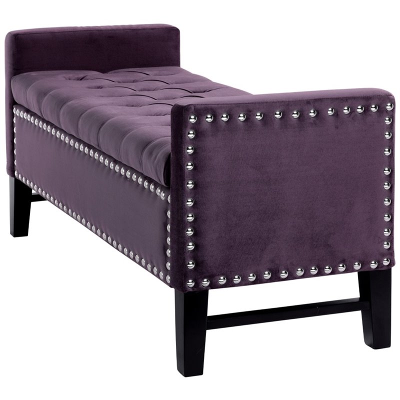 Posh Living Genesis Tufted Velvet Storage Bench with Nailhead Trim in Purple