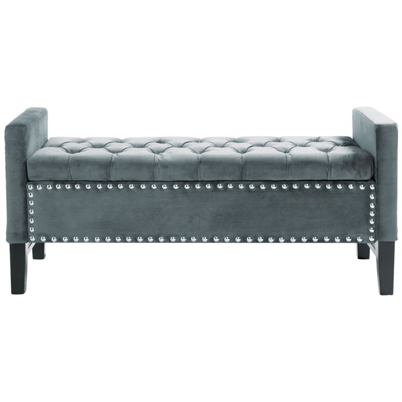 Posh Living Genesis Tufted Velvet Storage Bench with Nailhead Trim in Slate Blue