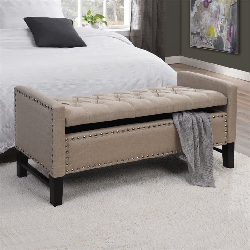 Genesis Beige Linen Storage Bench Tufted Silver