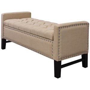Posh Living Genesis Linen Fabric Storage Bench with Nailhead Trim in Beige
