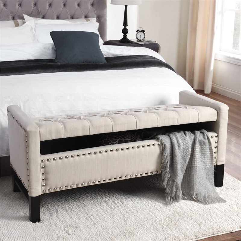 Posh Living Genesis Linen Fabric Storage Bench with Nailhead Trim in Cream/White