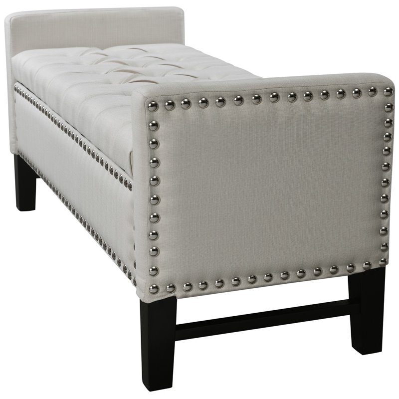 Posh Living Genesis Linen Fabric Storage Bench with Nailhead Trim in Cream/White