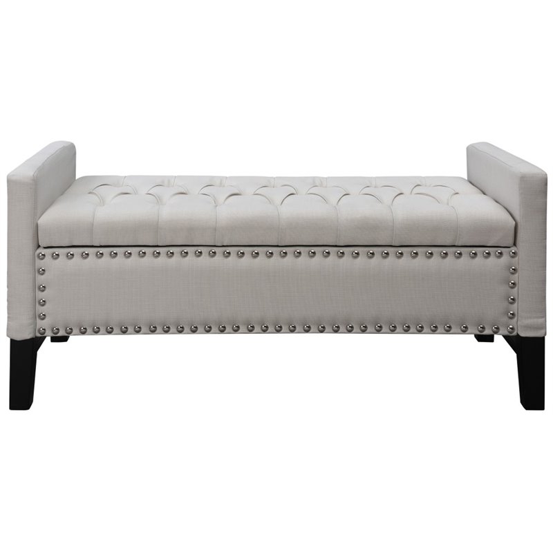 Posh Living Genesis Linen Fabric Storage Bench with Nailhead Trim in Cream/White