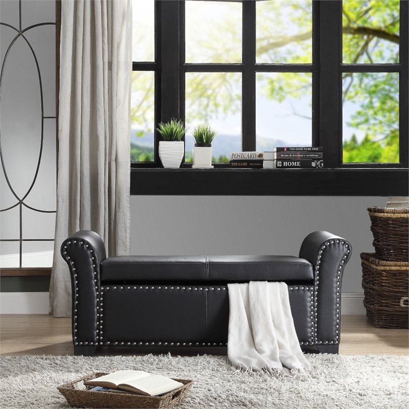 Posh Living Ashley Faux Leather Storage Bench with Nail Head Trim in Black