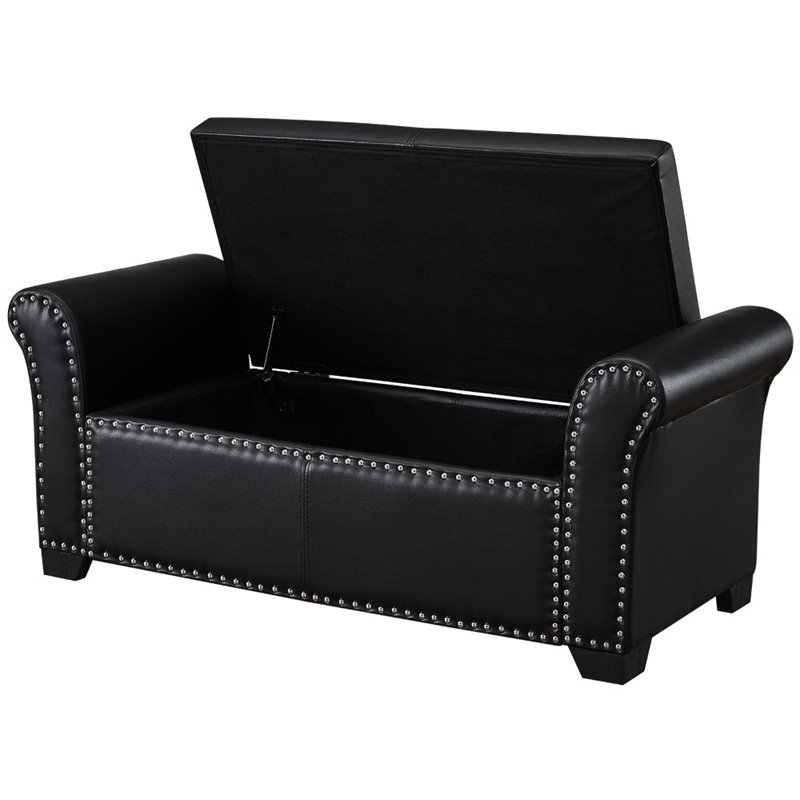Posh Living Ashley Faux Leather Storage Bench with Nail Head Trim in Black
