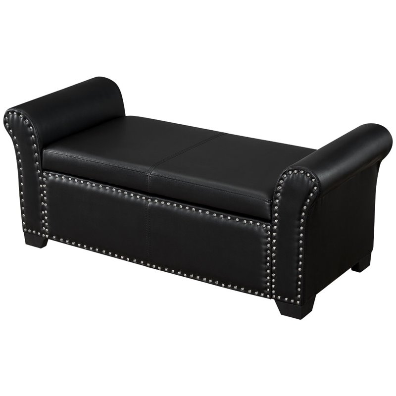 Posh Living Ashley Faux Leather Storage Bench with Nail Head Trim in Black