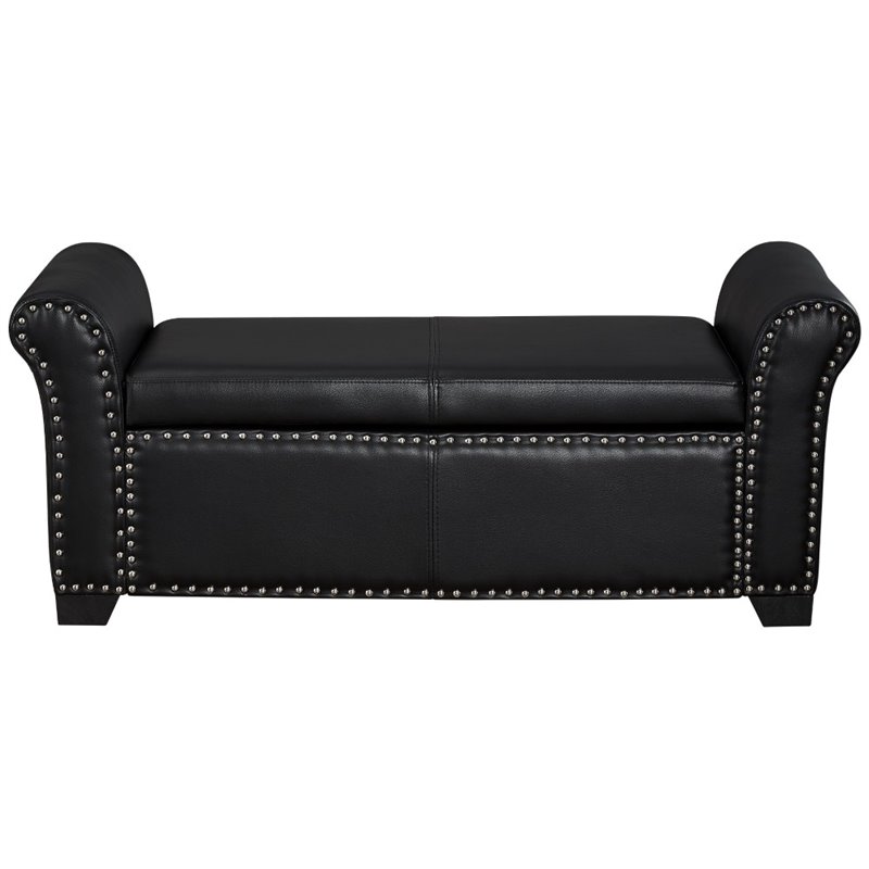 Posh Living Ashley Faux Leather Storage Bench with Nail Head Trim in Black