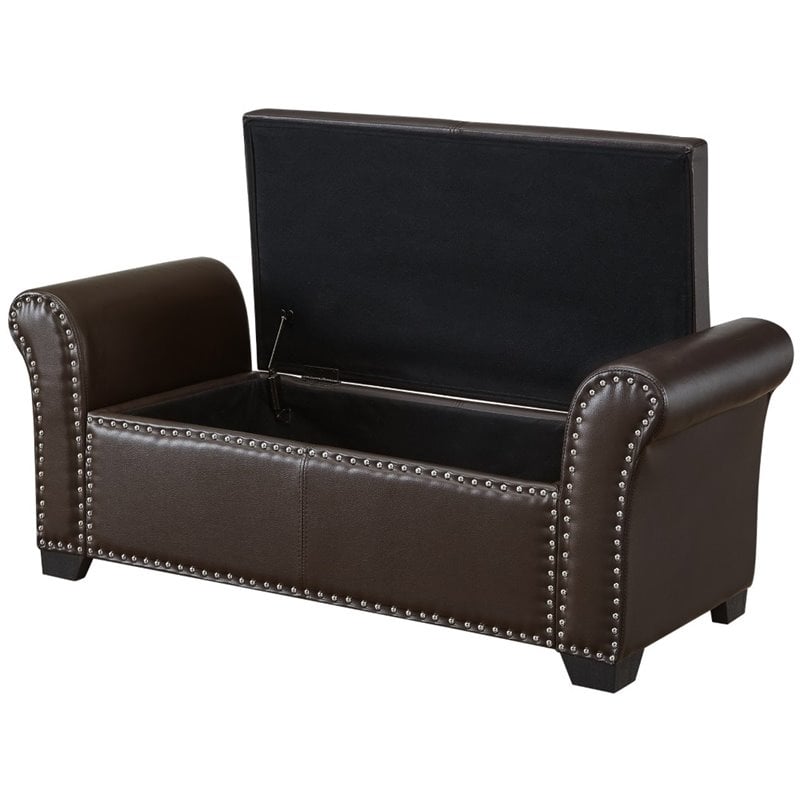 Posh Living Ashley Faux Leather Storage Bench with Nail Head Trim in Espresso