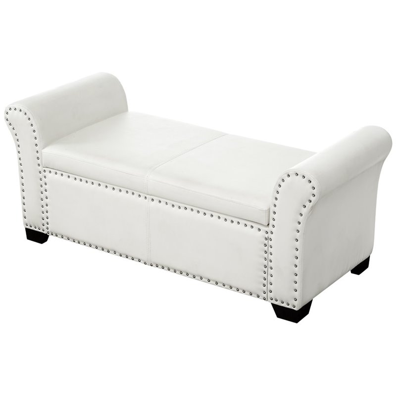 Posh Living Ashley Faux Leather Storage Bench with Nail Head Trim in Ivory