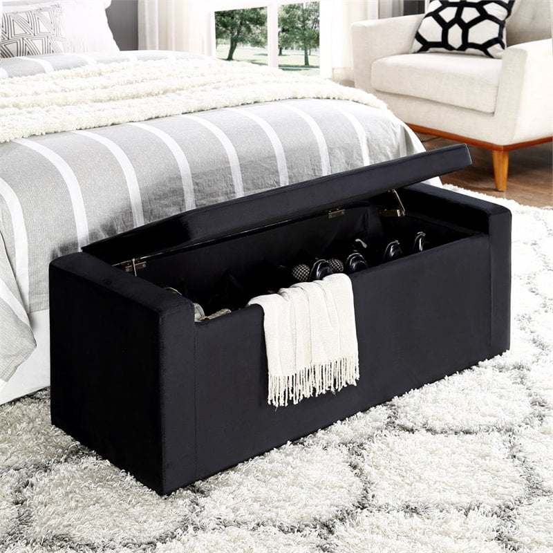 Posh Living Jake Velvet Upholstered Bench with Shoe Storage in Black