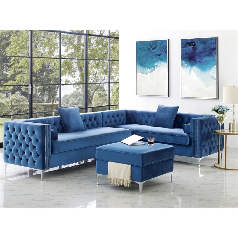 Posh Living Levi Tufted Velvet Storage Ottoman with Chrome Legs in Navy Blue