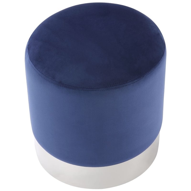 Posh Living Jason Velvet Round Ottoman with Metal Base in Blue/Chrome