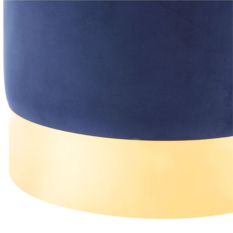 Posh Living Jason Velvet Round Ottoman with Metal Base in Blue/Gold