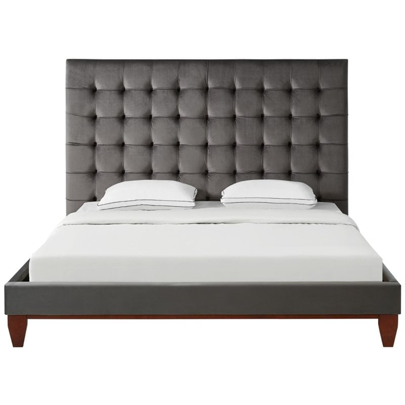 Posh Living Blake Button-Tufted Velvet Platform King Bed Frame in Gray
