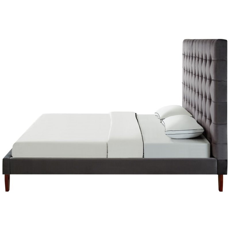 Posh Living Blake Button-Tufted Velvet Platform King Bed Frame in Gray