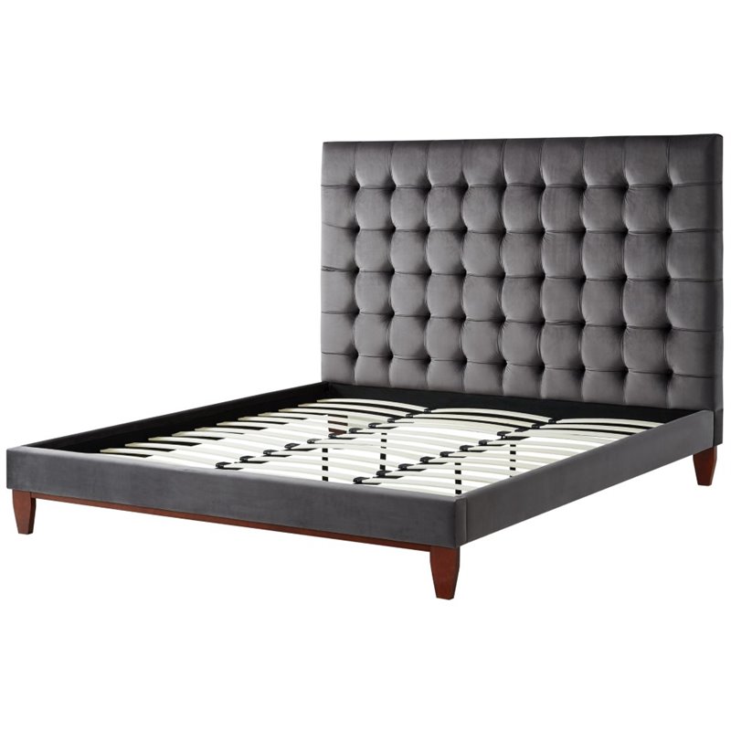 Posh Living Blake Button-Tufted Velvet Platform King Bed Frame in Gray