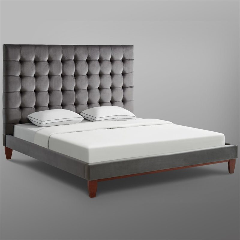 Posh Living Blake Button-Tufted Velvet Platform King Bed Frame in Gray