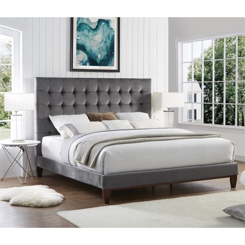 Posh Living Blake Button-Tufted Velvet Queen Bed Frame in Gray