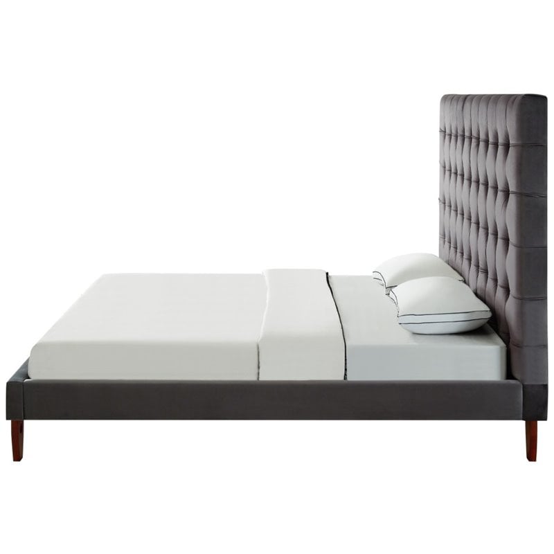 Posh Living Blake Button-Tufted Velvet Queen Bed Frame in Gray