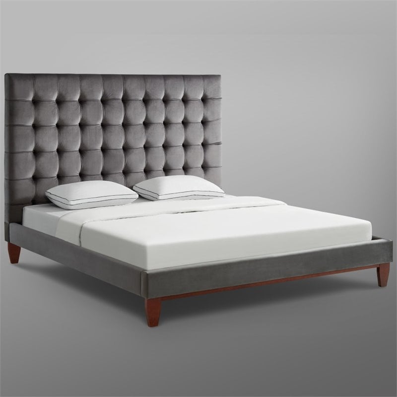 Posh Living Blake Button-Tufted Velvet Queen Bed Frame in Gray