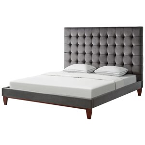 Posh Living Blake Button-Tufted Velvet Queen Bed Frame in Gray
