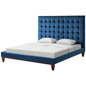 Posh Living Blake Button-Tufted Velvet Platform King Bed Frame in Blue