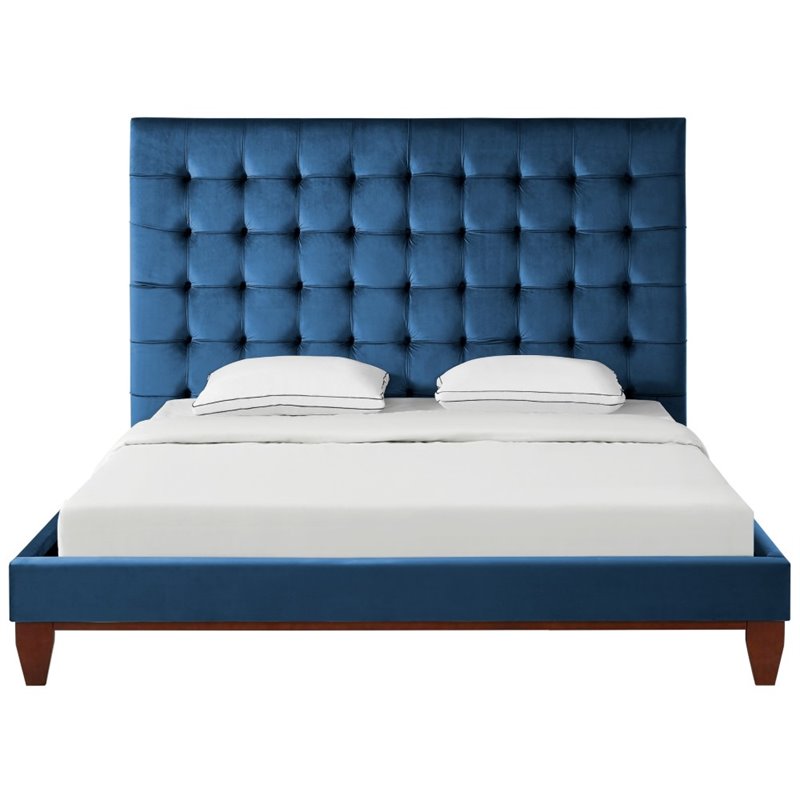 Posh Living Blake Button-Tufted Velvet Queen Bed Frame in Blue