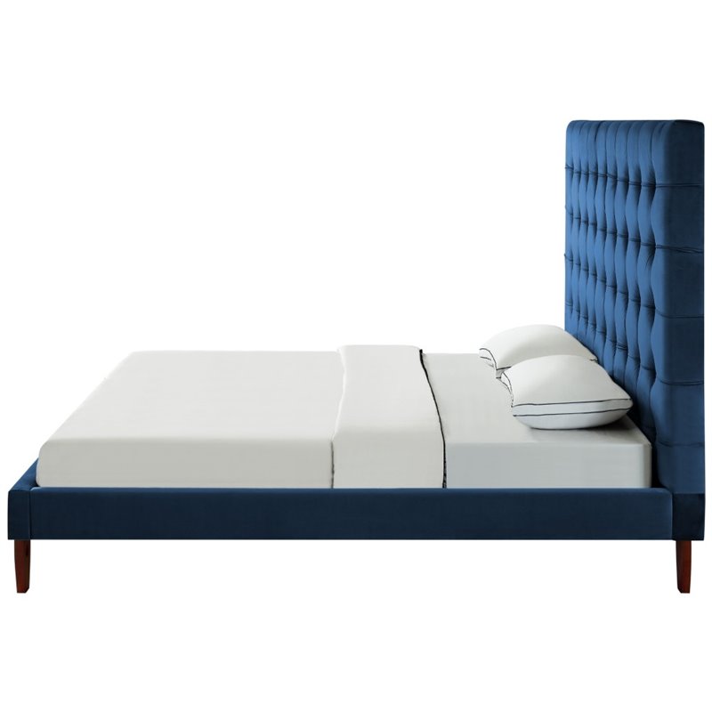 Posh Living Blake Button-Tufted Velvet Queen Bed Frame in Blue