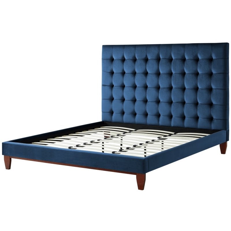 Posh Living Blake Button-Tufted Velvet Queen Bed Frame in Blue