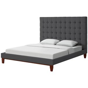 Posh Living Blake Button-Tufted Linen Fabric King Bed Frame in Light Gray