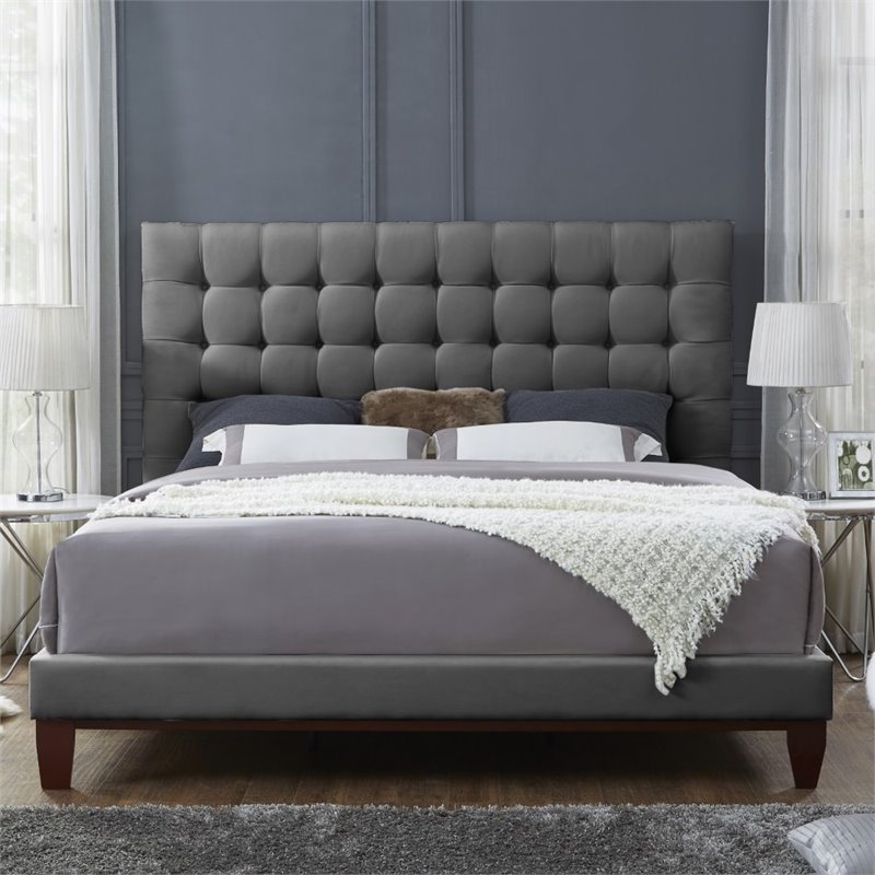 Posh Living Blake Button-Tufted Linen Fabric Queen Bed Frame in Light Gray