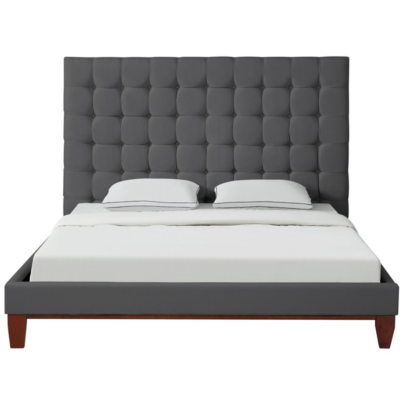 Posh Living Blake Button-Tufted Linen Fabric Queen Bed Frame in Light Gray
