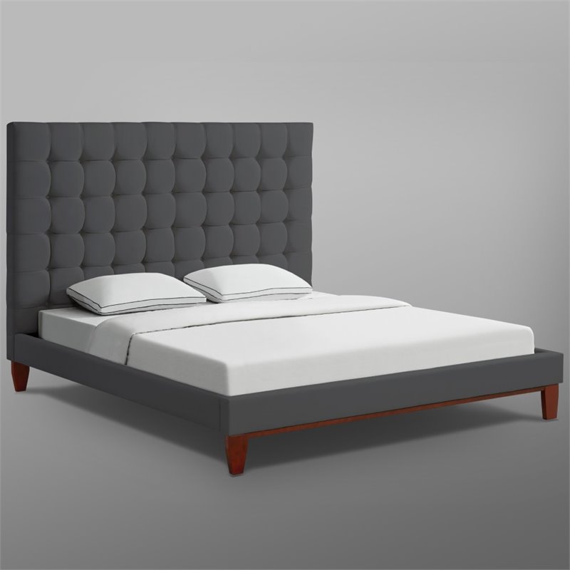 Posh Living Blake Button-Tufted Linen Fabric Queen Bed Frame in Light Gray