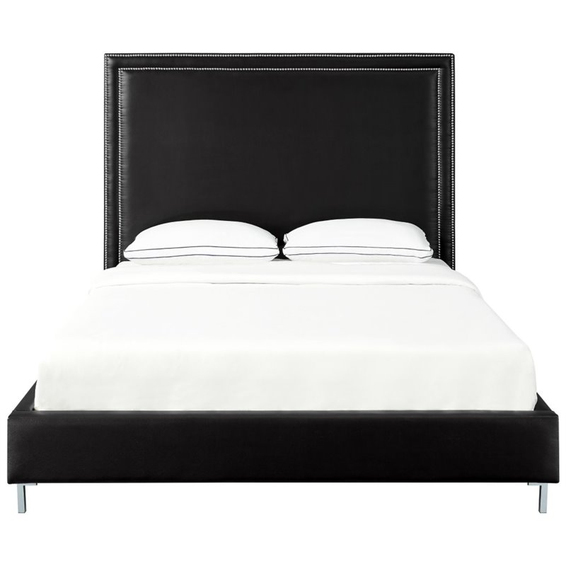 Posh Living Tristan Leather Platform Queen Bed Frame with Nailhead in Black