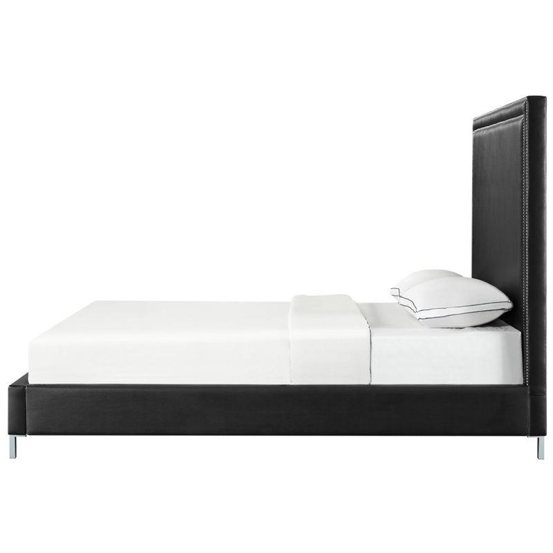 Posh Living Tristan Leather Platform Queen Bed Frame with Nailhead in Black
