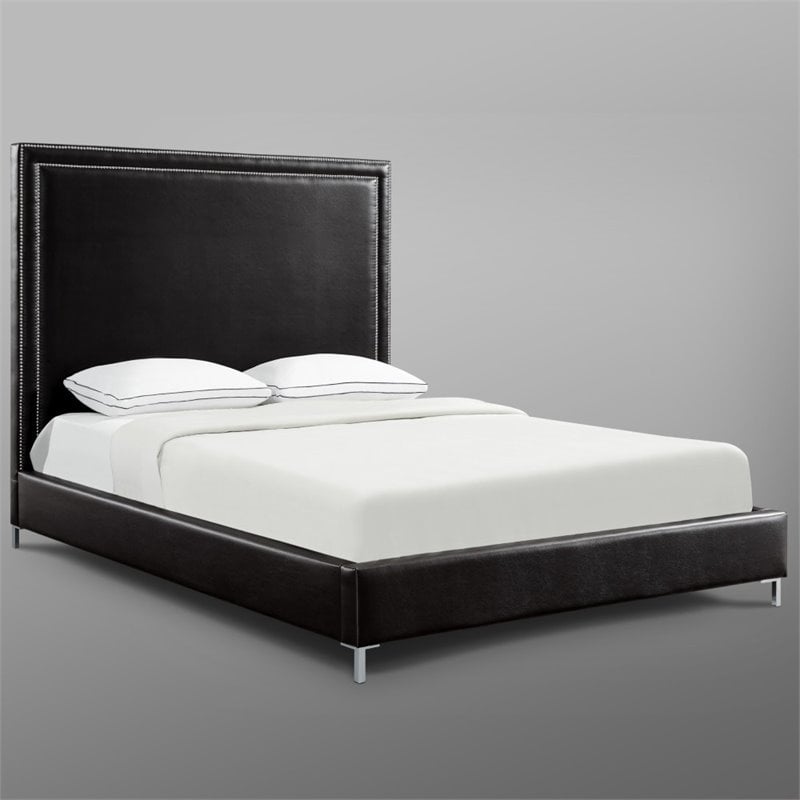 Posh Living Tristan Leather Platform Queen Bed Frame with Nailhead in Black