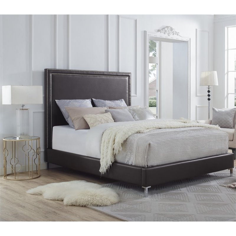 Posh Living Tristan Leather Platform King Bed Frame with Nailhead in Espresso