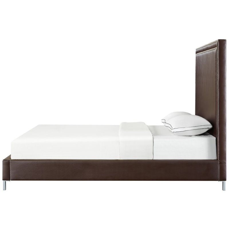 Posh Living Tristan Leather Platform Queen Bed Frame with Nailhead in Espresso