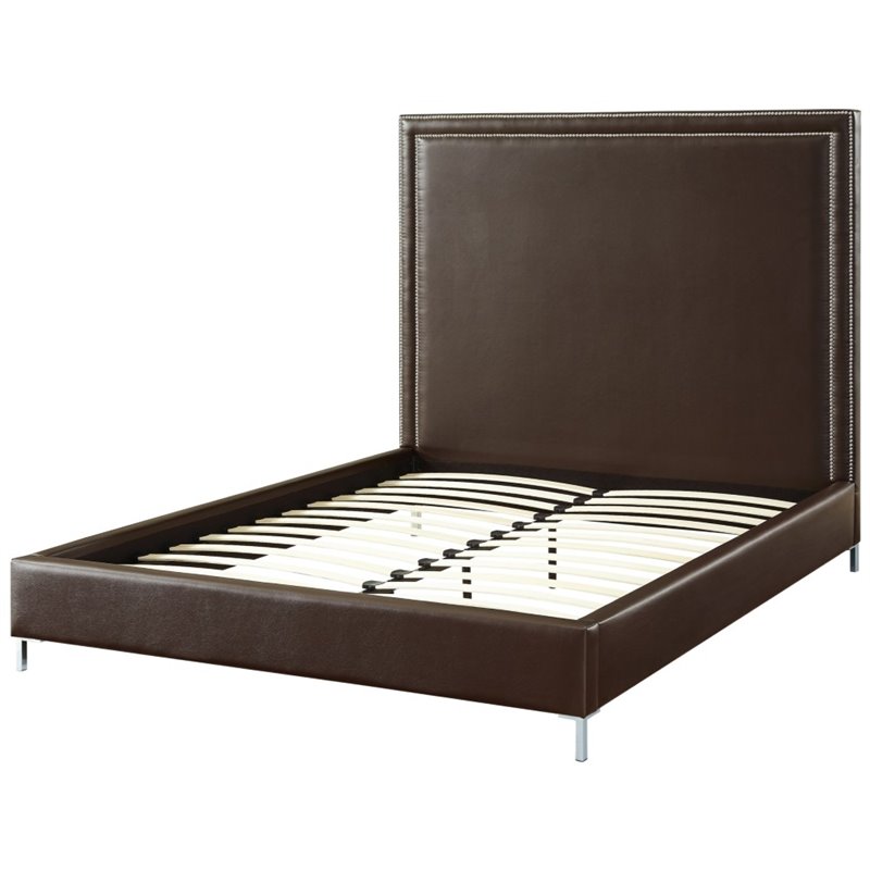 Posh Living Tristan Leather Platform Queen Bed Frame with Nailhead in Espresso