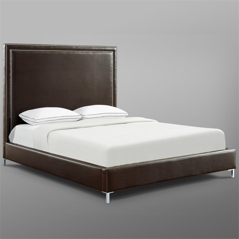 Posh Living Tristan Leather Platform Queen Bed Frame with Nailhead in Espresso