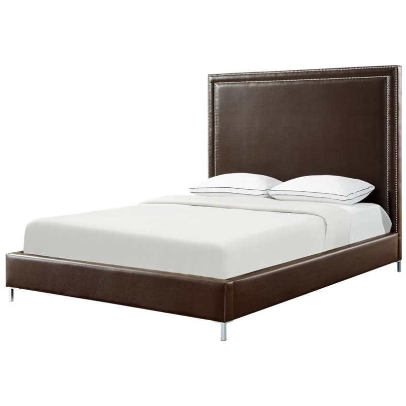 Posh Living Tristan Leather Platform Queen Bed Frame with Nailhead in Espresso