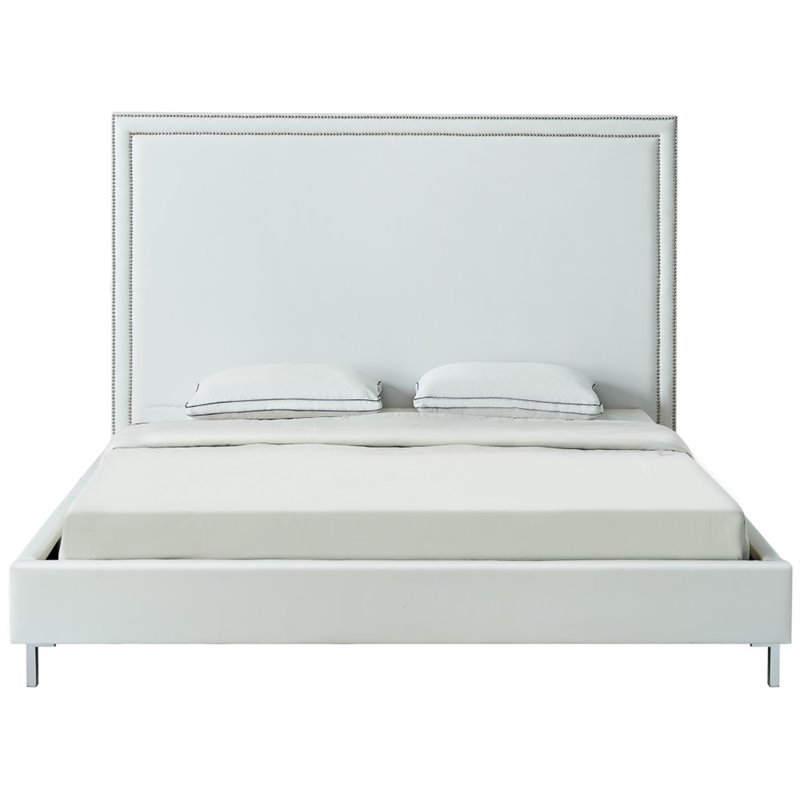 Posh Living Tristan Leather Platform King Bed Frame with Nailhead in White