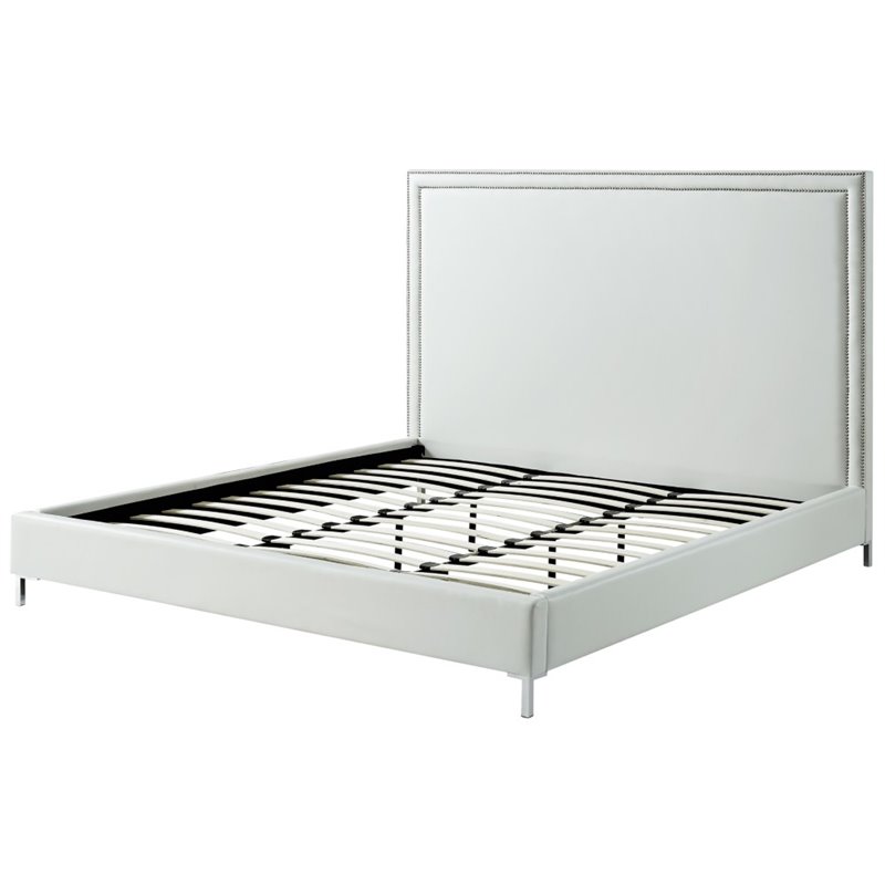 Posh Living Tristan Leather Platform King Bed Frame with Nailhead in White
