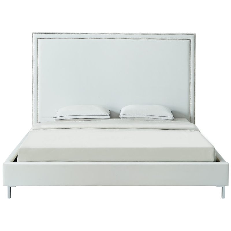Posh Living Tristan Leather Platform Queen Bed Frame with Nailhead in White