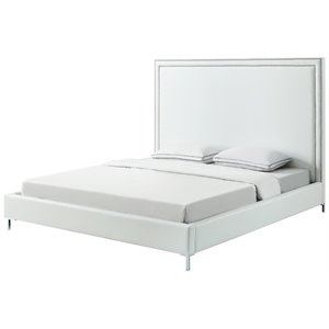 Posh Living Tristan Leather Platform Queen Bed Frame with Nailhead in White
