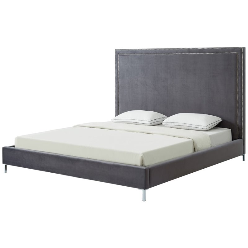 Posh Living Tristan Tufted Velvet Platform King Bed Frame with Nailhead in Gray